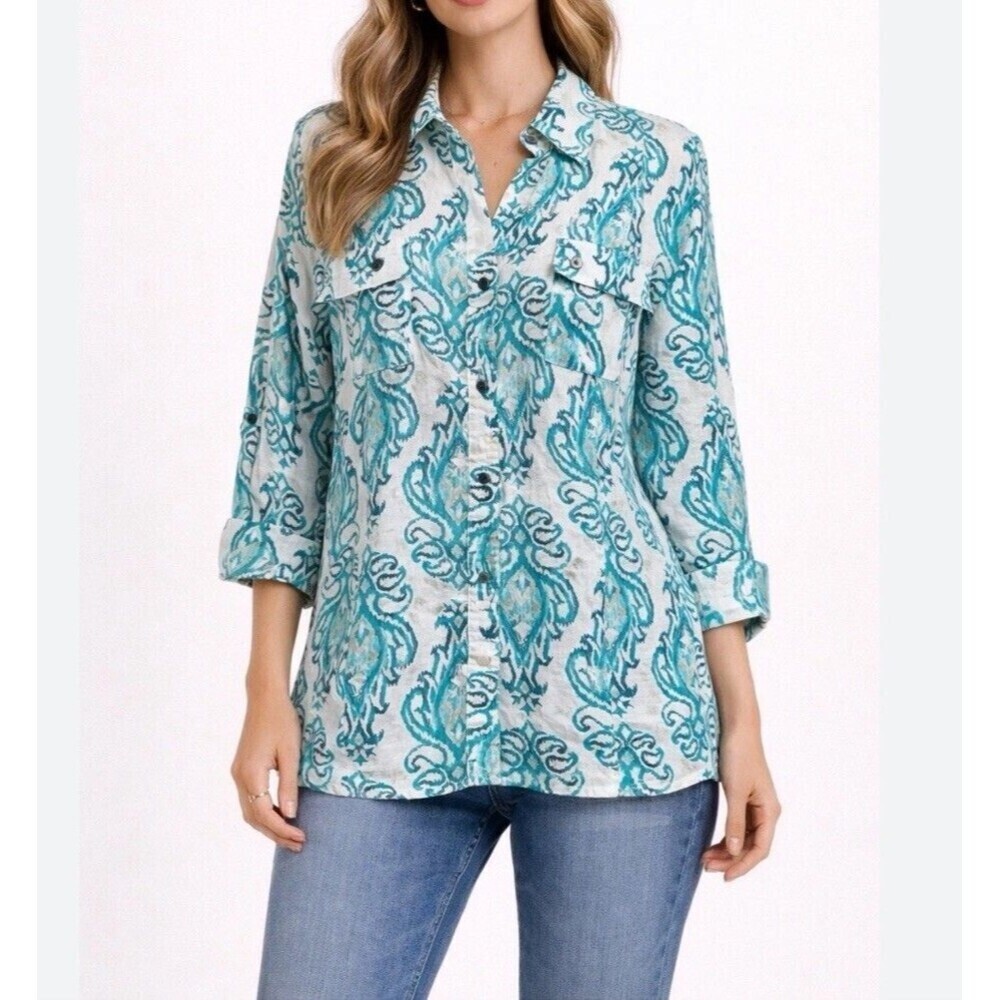 JM Collection 100% Lined Women's Tops Paisley Aqua White Size 10